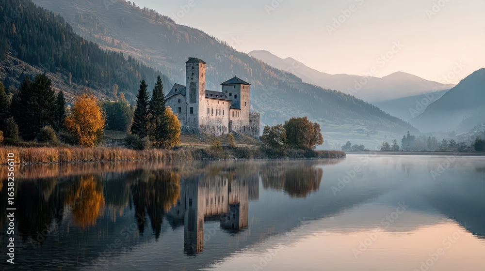 Fototapeta premium Serene Fortress Reflected in Tranquil Still Lake at Dawn