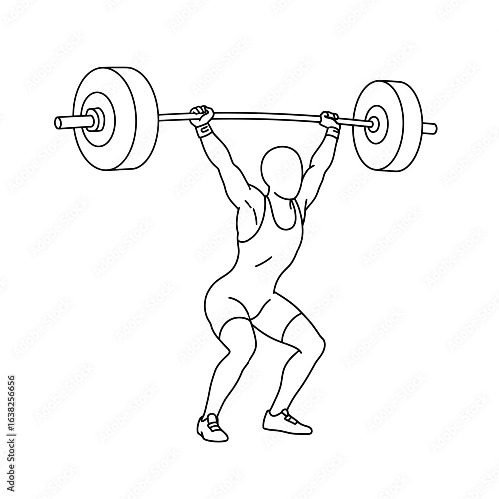 Obraz premium A minimalist line art illustration of a weightlifter holding a heavy barbell overhead in a squat.