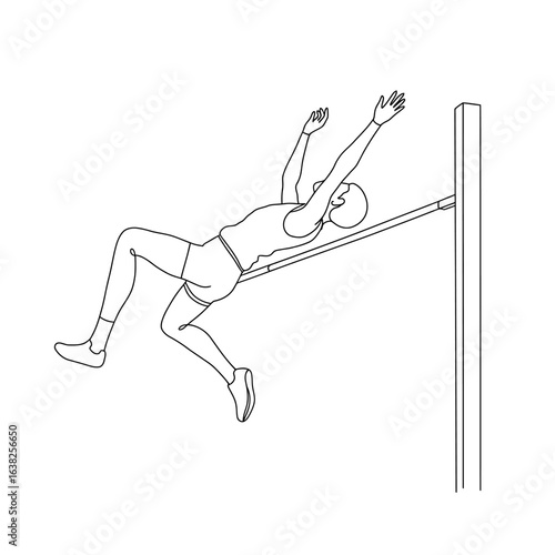 A line art illustration of an athlete in mid-air, clearing the bar during a high jump.