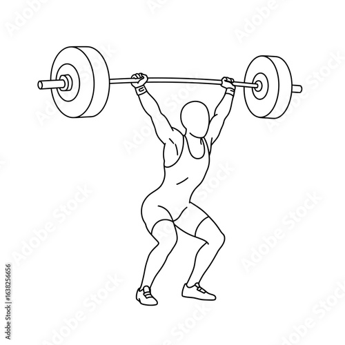 A minimalist line art illustration of a weightlifter holding a heavy barbell overhead in a squat.