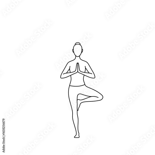 A minimalist line art illustration of a person balancing in the yoga Tree Pose.