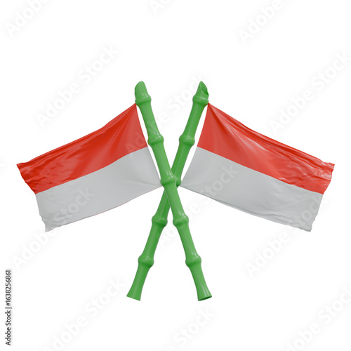 3D crossed Indonesian flags on green bamboo poles, symbolizing unity, independence, and national pride, perfect for celebrations and patriotic designs.