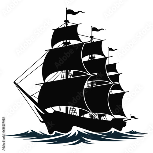 Black sailing ship with multiple sails on dark blue waves vessel boat