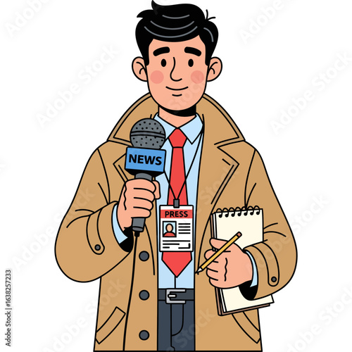 Professional journalist character with a microphone and notepad, a vector illustration of a news reporter