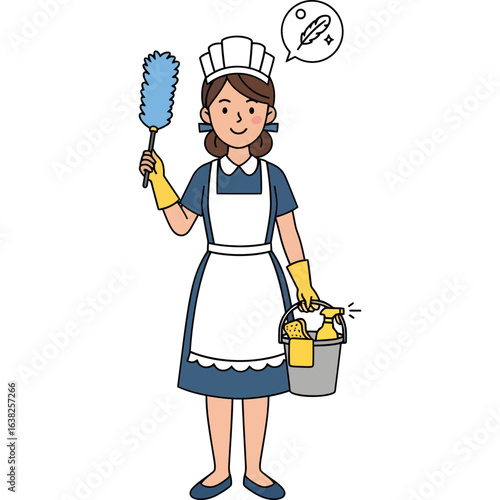 Cartoon illustration of a smiling maid in a classic uniform holding a feather duster and cleaning supplies, representing professional housekeeping service.