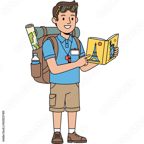 Young traveler character with a backpack and map planning an international sightseeing adventure with a guidebook.