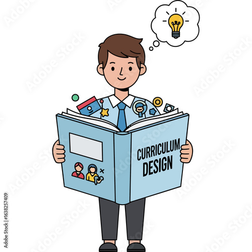 An educator holds a book on curriculum design, sparking a brilliant idea for educational planning and course development.