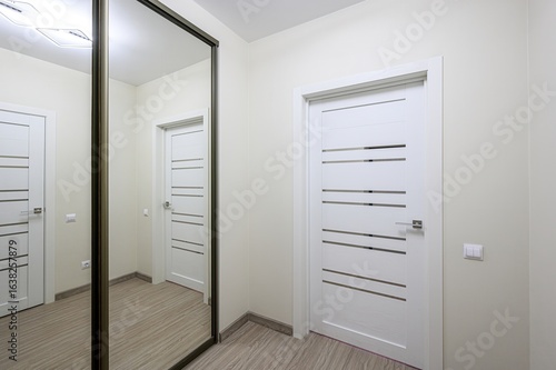 bright hallway featuring white doors with horizontal lines, a large mirrored closet, and light wood flooring. The walls are a light neutral color