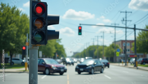 Two cars in accident at urban intersection with traffic light shows red.