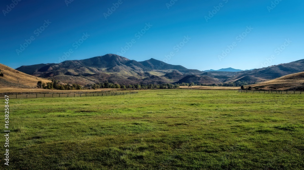 Fototapeta premium Lush Green Pasture Under Clear Blue Sky with Majestic Mountains