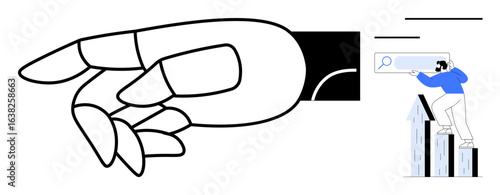 Large robotic hand reaching out as a man climbs rising bars searching online. Ideal for technology, robotics, growth, innovation, human-machine interaction, progress, futuristic themes. Simple flat