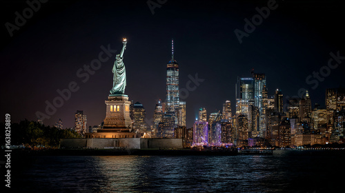 Statue of liberty and manhattan skyline illuminated at night with dark water in the foreground