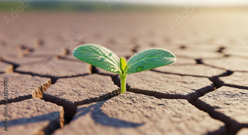 Young plant sprouting from parched ground representing climate change awareness and nature’s ability to adapt