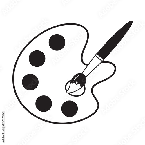 Black and white illustration of an artist's paint palette with a brush painting 1