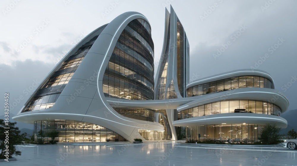 Obraz premium Futuristic Corporate Headquarters Building with Unique Design Elements