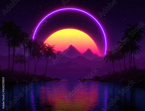 Synthwave sunset over a tranquil tropical bay, silhouetted palms and mountains framed by a vibrant purple neon ring, reflecting in calm water under a starry night sky