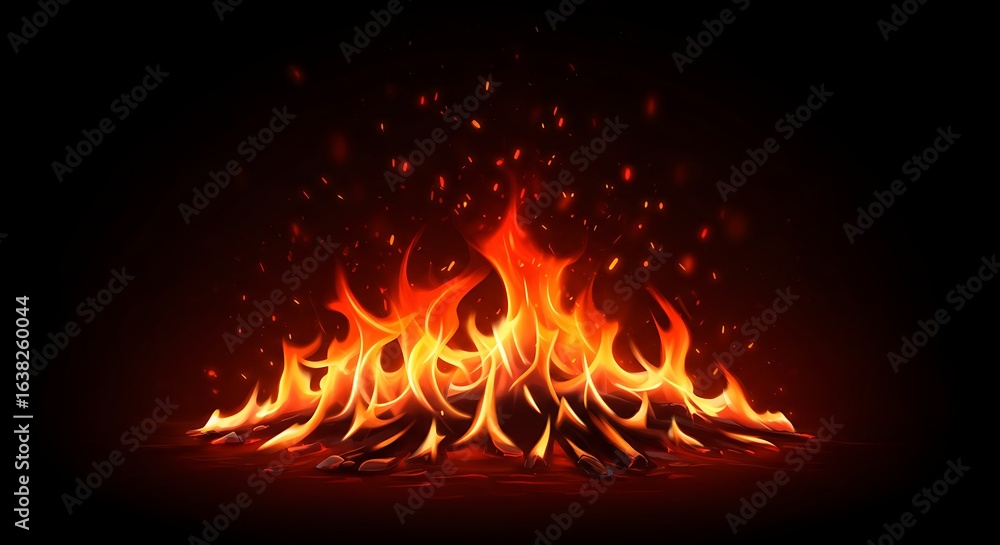 Fototapeta premium Burning inferno flames blaze brightly on a dark black background