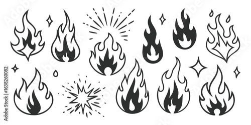 Hand-Drawn Flame Icons – Black and White Fire Doodle Set