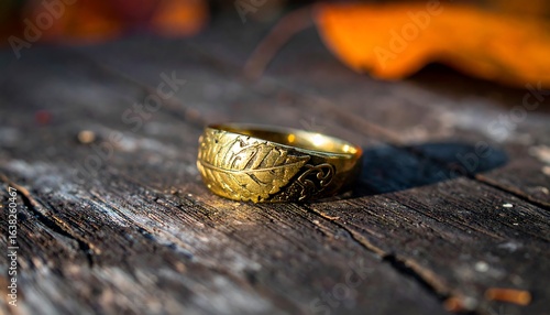 Golden leaf ring on wood