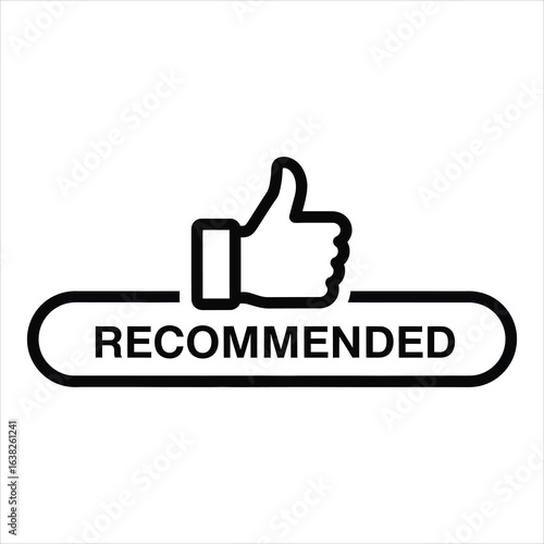 Black thumbs up icon with recommended text on white background approval endorsement 1