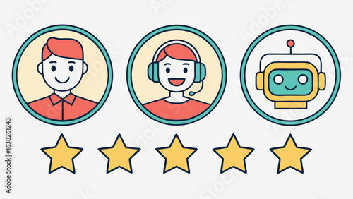 Customer service and robot rating with stars icon support