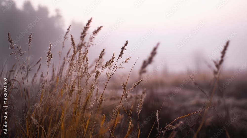 Obraz premium Soft Foggy Morning Light in Nature with Delicate Grass Background