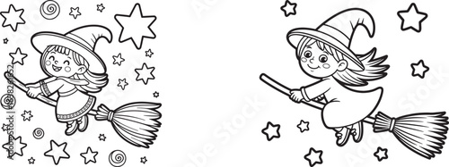 Cute witch flying on a broomstick with stars, Halloween coloring book page set vector illustration.