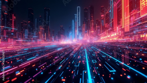 Futuristic cityscape with glowing neon lights and digital elements  