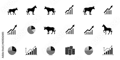silhouette icons set of Stock market analysis icons, bullish and bearish trends, upward graphs, currency exchange, pie charts, and investment portfolios