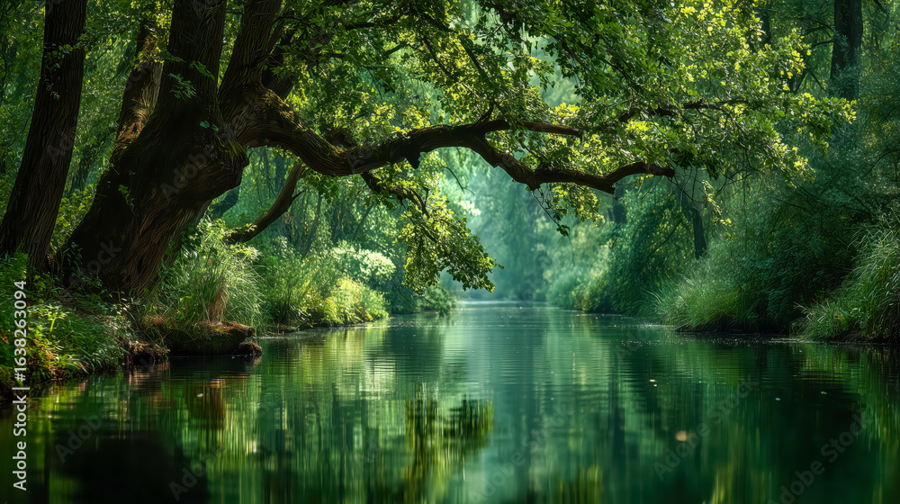 Obraz premium Serene riverside scene with lush greenery and still waters reflecting sunlight in the forest at midday