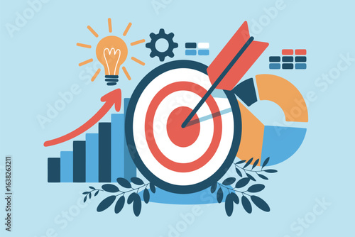 Business growth target achievement with data analysis and innovation vector