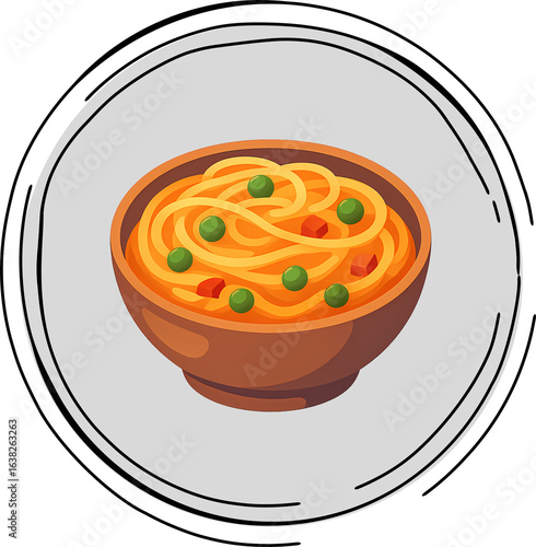 Spaghetti Bowl Vector – Cartoon Pasta with Vegetables and Tomato Sauce on Transparent Background
