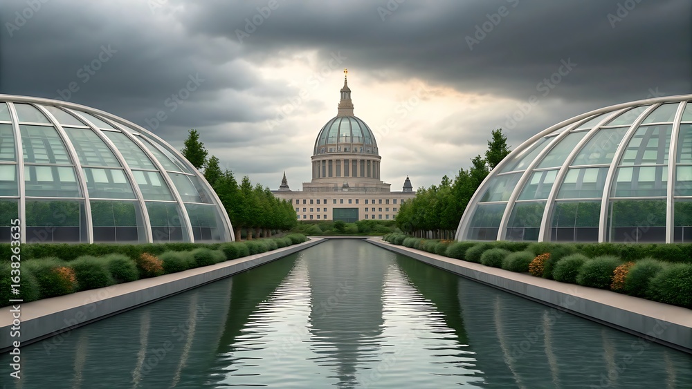 Obraz premium Futuristic Architectural Composition Featuring a Spherical Structure