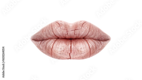 Closeup of dry chapped lips with cracks isolated on the transparent background highlighting skin dehydration and lip care issues