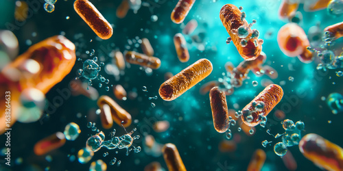 Microscopic view of bacteria and particles in a glowing liquid environment