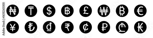 set of various currency symbol for US Dollar, Euro , British Pound Sterling , Chinese Yuan , Japanese Yen,  Indian Rupee , Russian Ruble , South Korean Won , bitcoin vector illustration 