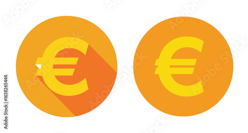Two euro currency symbols on orange circles with long shadows finance money