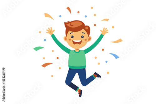 Joyful Leap: A cartoon depiction of a young individual exudes exuberance and thrill through a joyous leap amidst confetti, celebrating a significant achievement.