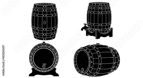 A collection of black wooden barrel silhouettes shown from different angles. Vector icon set of traditional casks for wine or whiskey.