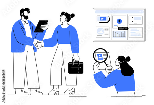 Team discussing plans with handshake, analyzing charts on screen, inspecting profile through magnifier. Ideal for teamwork, business deals, recruitment, research, presentations, strategy simple flat