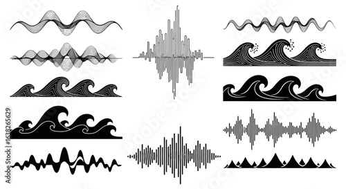 Graphic set of various wave forms. Illustrations of ocean waves, soundwaves, and abstract frequency lines in black and white.