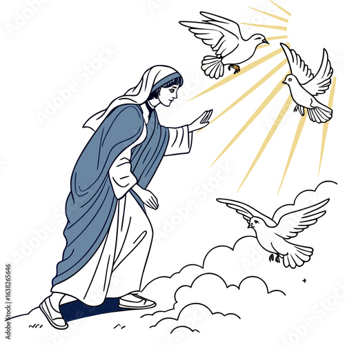 Line art illustration of Virgin Mary with three doves and sun rays bird