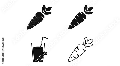 Carrot vegetable and juice icon collection. Simple black and white graphic symbols for healthy food and drink concepts.