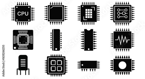 Set of monochrome microchip and processor icons. Collection of computer CPU and integrated circuit symbols for technology design.