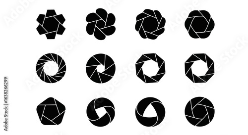 A diverse collection of camera lens aperture and shutter icons. Set of geometric diaphragm symbols for photography and optical design.