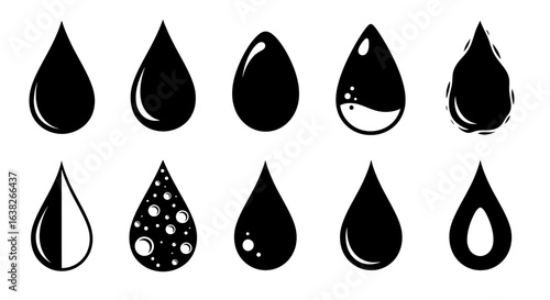 A versatile collection of black liquid drop icons. Abstract silhouettes representing water, oil, ink, and other fluid concepts.