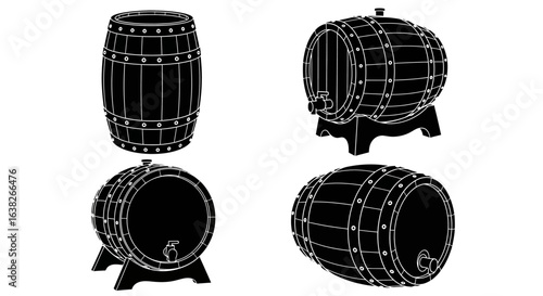 A collection of black silhouette wooden barrel illustrations. A set of vintage cask icons for aging alcoholic beverages like wine or spirits.