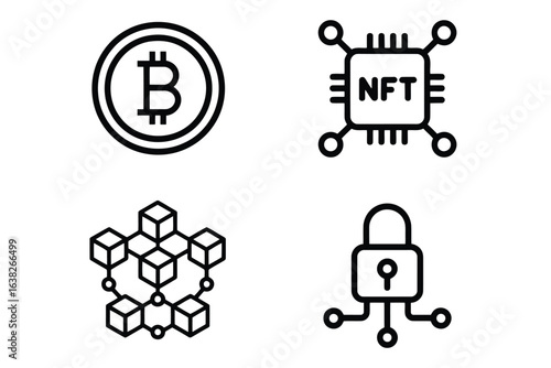 Bitcoin N F T blockchain security digital currency icons vector