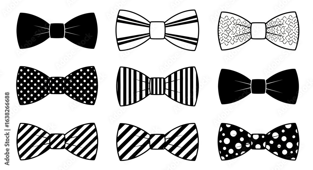 A stylish set of black and white bow tie illustrations. A collection of men's formal neckwear accessories with various classic patterns like stripes and polka dots.