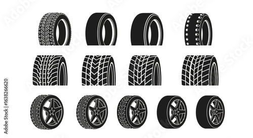 A collection of monochrome vector icons showing various automotive tire tread patterns and wheel rim designs for cars and vehicles.
